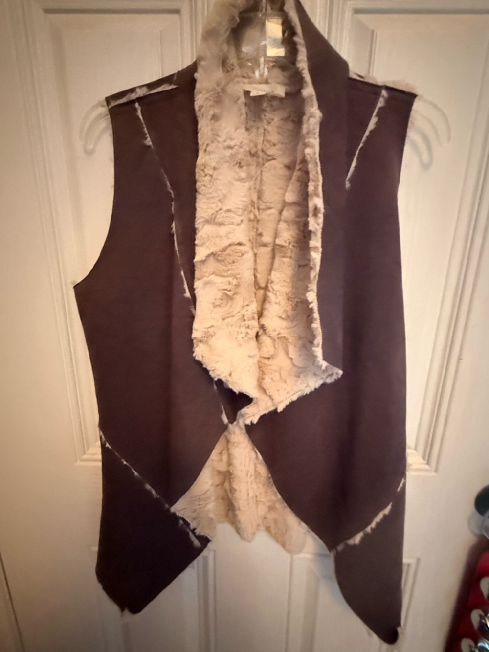 Faux-Shearling Open Front Vest - Brown & Cream